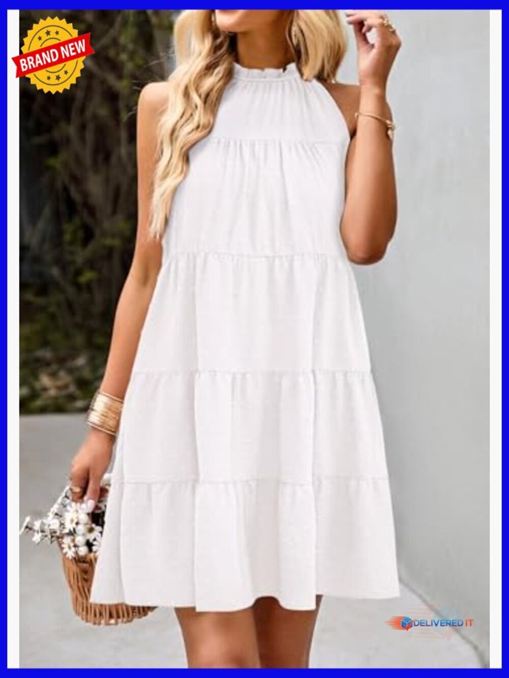 Halter Flowy Babydoll Sundress Tie Belt Sleeveless A-Line Mini - Picture 2 of 7